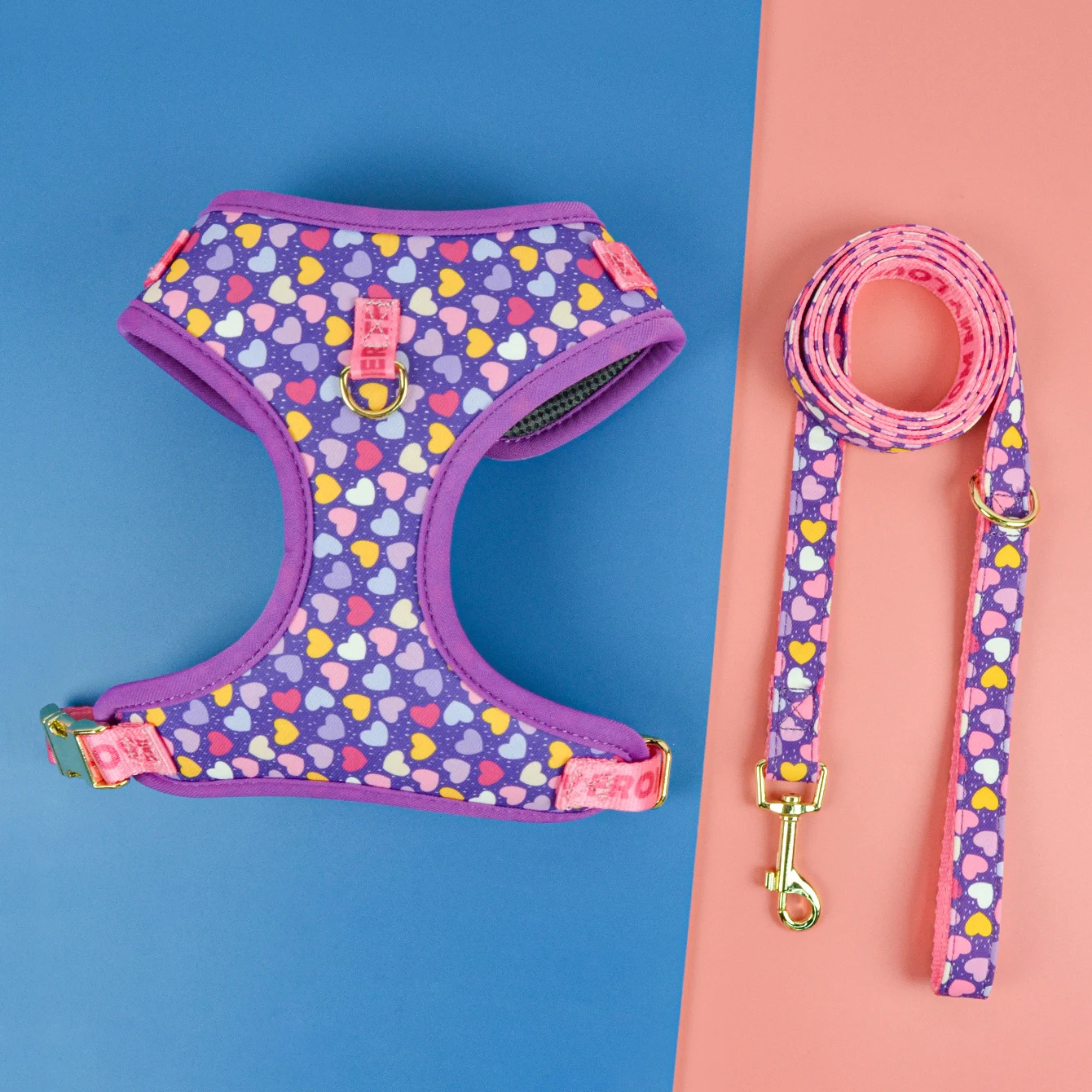 Luxury Adjustable Dog Harness & Lead Set - Hearts